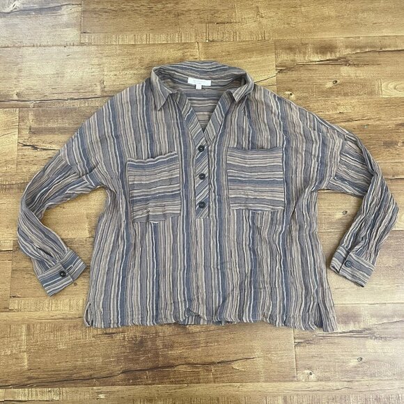 Womens Grade & grather button up Pullover top shirt brown size small s striped - Picture 1 of 9